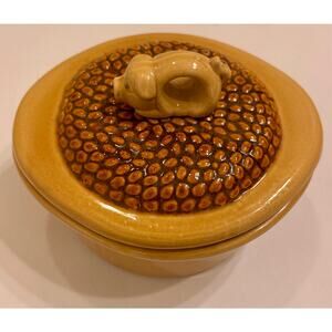 Vintage Stoneware Pig Handle Bean/Casserole Dish Pot w/Lid 10x4x9"
